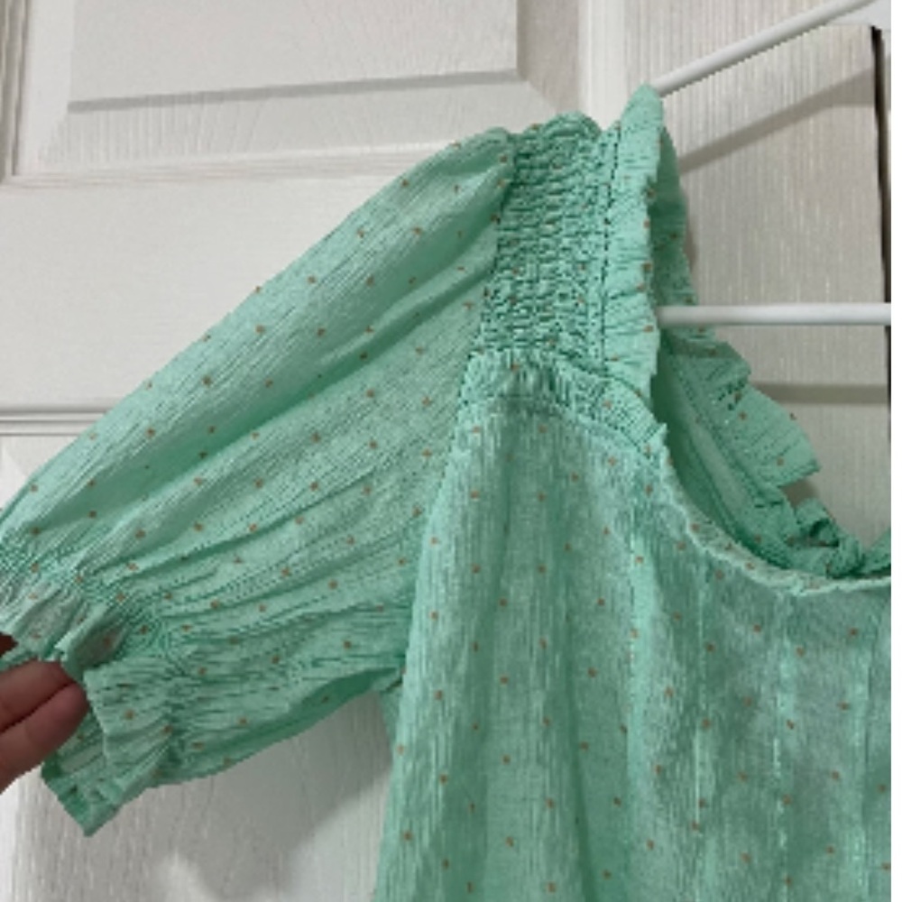 NWOT Mine @ Anthropology Mint Green Puff Sleeve Polka Dot Blouse - Picture 5 of 9